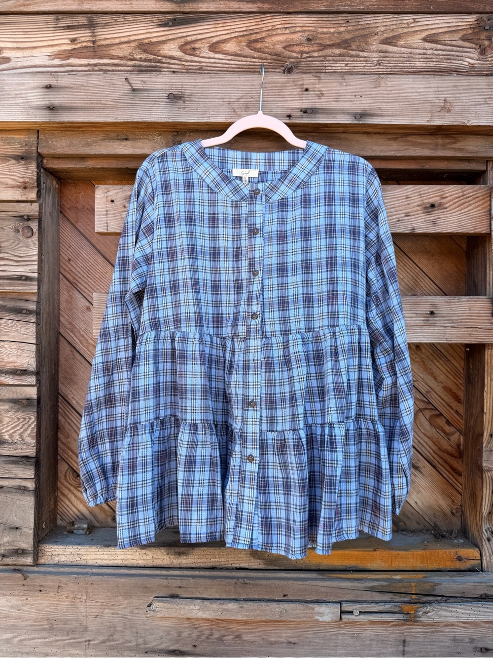 easel Blue Plaid Tiered Button-Front Top